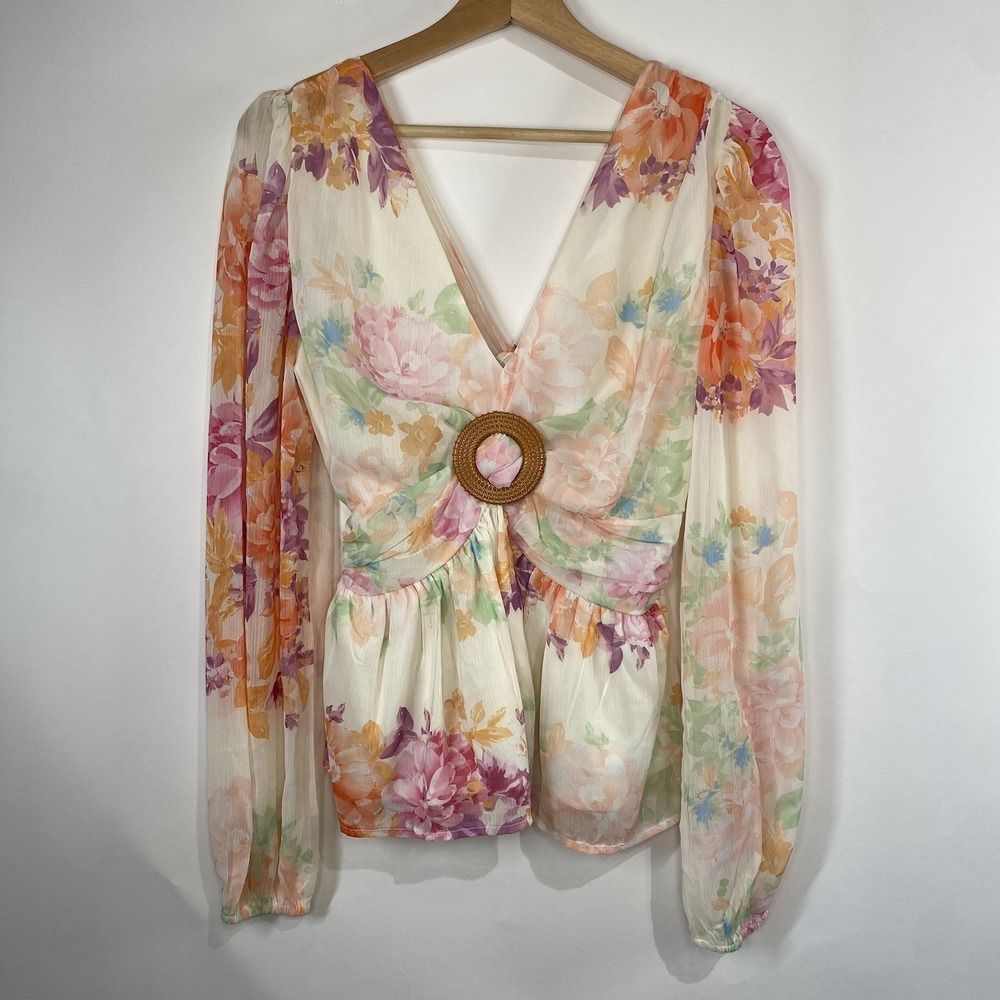Evolutionary Womens Floral Ruched Tie Back Sheer Chiffon Boho V Neck Top Size L